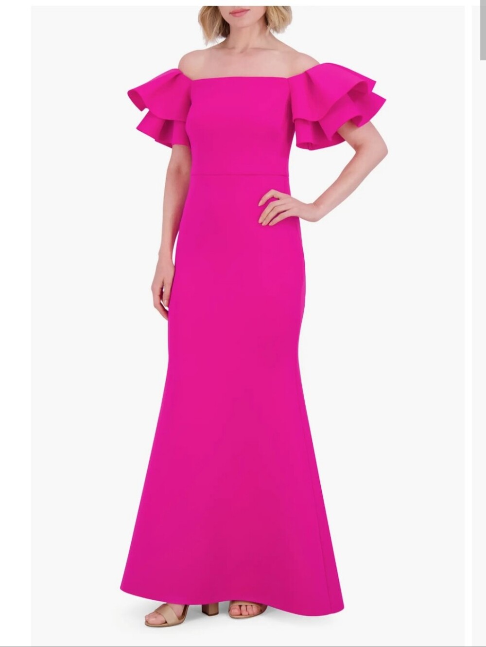 Eliza J NWT $198 Size 14 Hot Pink Ruffle Sleeve Formal Maxi Gown Dress
